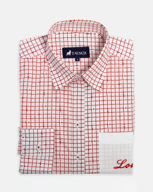 BLUSA  DAMA BLANCA PRINT CUADROS LAZO ROJO BOLSILLO