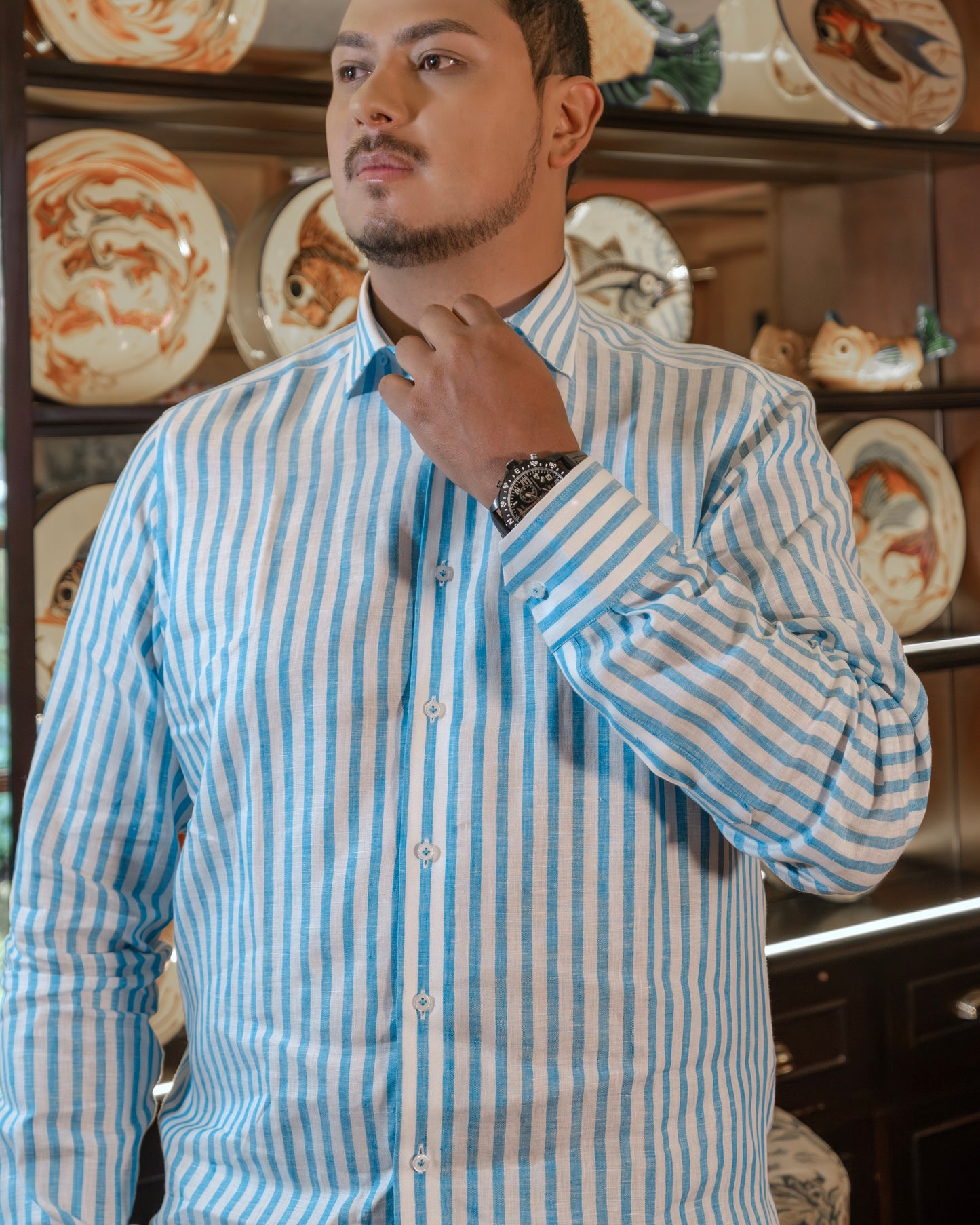 SANTORINI CAMISA LINO RAYA TURQUESA