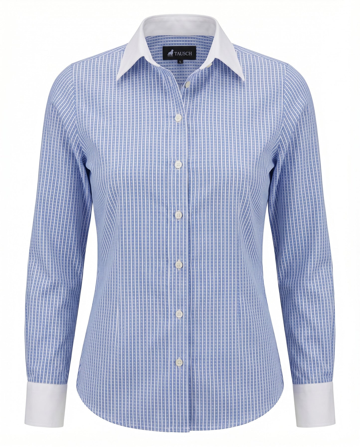 BLUSA  DAMA AZUL CUELLO Y PUÑO BLANCO