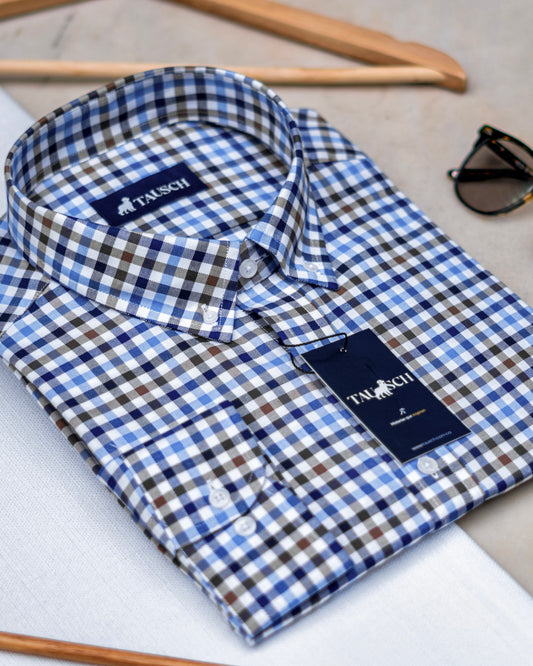 COPACABANA CAMISA CUADROS AZUL CELESTE, MARINO Y CAFÉ