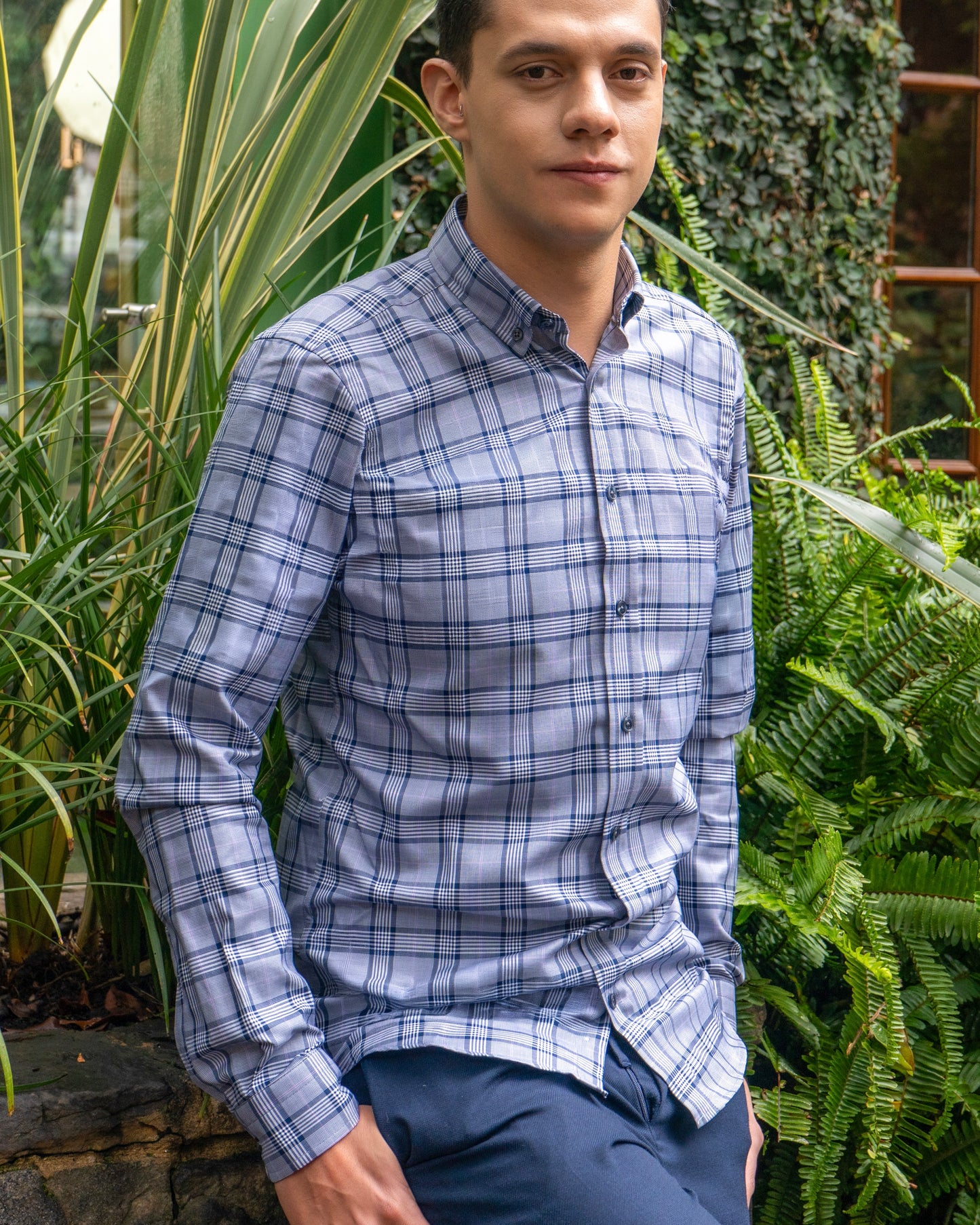 CARDIFF CAMISA CUADROS PRINCIPE GALES AZUL / LILA