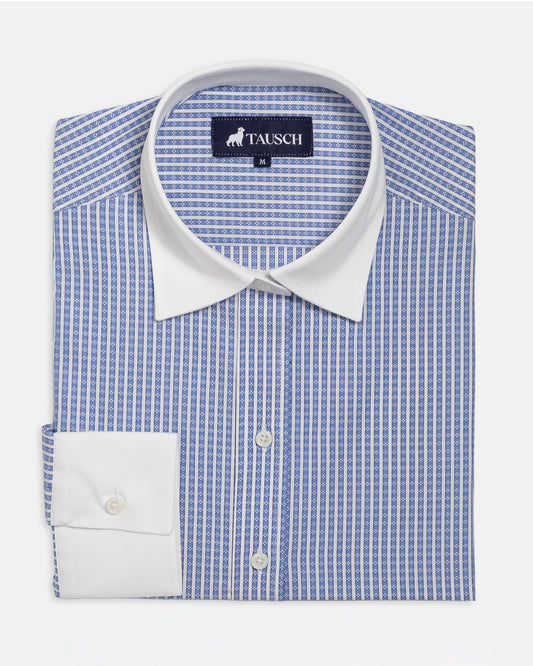BLUSA  DAMA AZUL CUELLO Y PUÑO BLANCO